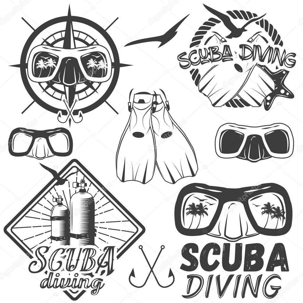Vector set of scuba diving center labels in vintage style. Sport underwater equipment, mask, fins, tanks isolated on white background.