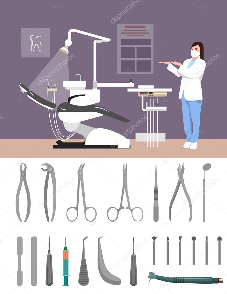 Dentist Clinic Interior Vector Illustration Flat Style Dental Tools Isolated On White Background Nurse In Hospital Room Vector Image By C Skypistudio Vector Stock 101207882