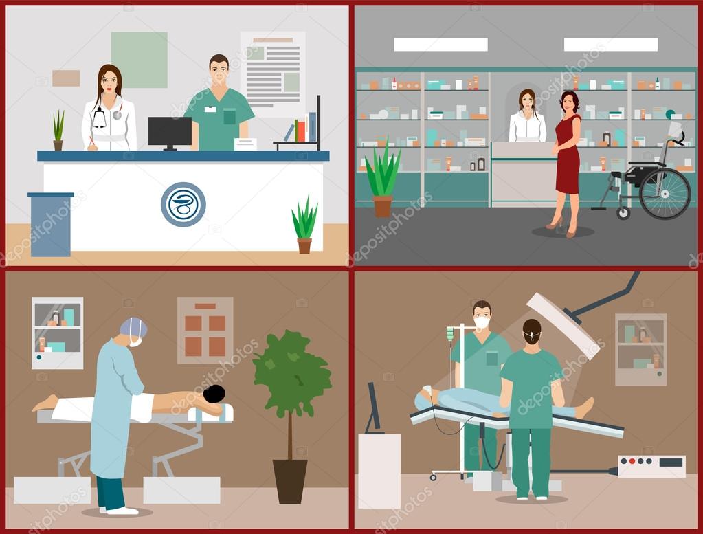 Vector banners set with patients, doctors and hospital interiors. Health care medicine concept. Flat cartoon illustration.