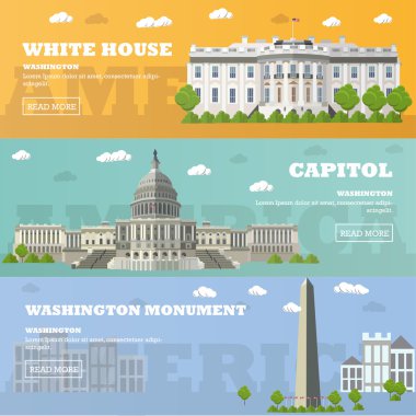 Washington Dc turistik simge afiş. Vektör illüstrasyon. Capitol, Beyaz Saray.