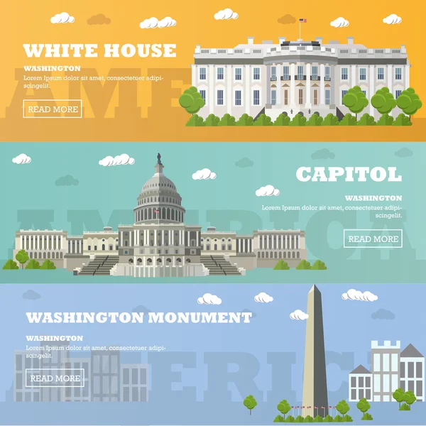 Bandeiras turísticas de Washington DC. Ilustração vetorial. Capitólio, Casa Branca . — Vetor de Stock