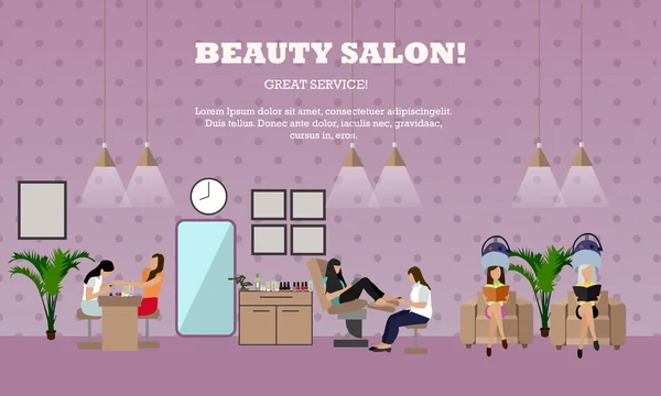 Beauty salon interior vector concept banners. Women in manicure and make up design studio