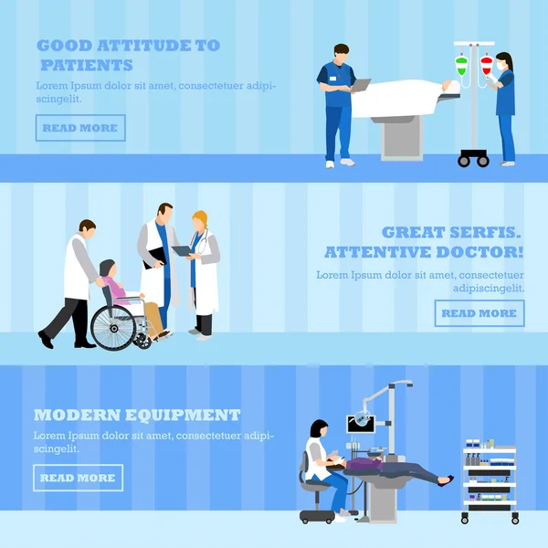 Bannières vectorielles horizontales avec médecins et patients à l'hôpital. Les patients passent un examen médical, salle d'opération. Illustration de dessin animé plat . — Image vectorielle