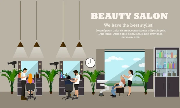 Beauty salon interior vector concept banners. Hair style design studio. Women in haircut atelier.