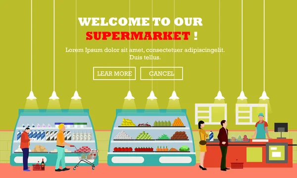 Supermarket interiéru vektorové ilustrace ploché styl. Zákazníci koupit výrobky v obchodě potravin. Potraviny a potraviny na policích. — Stockový vektor