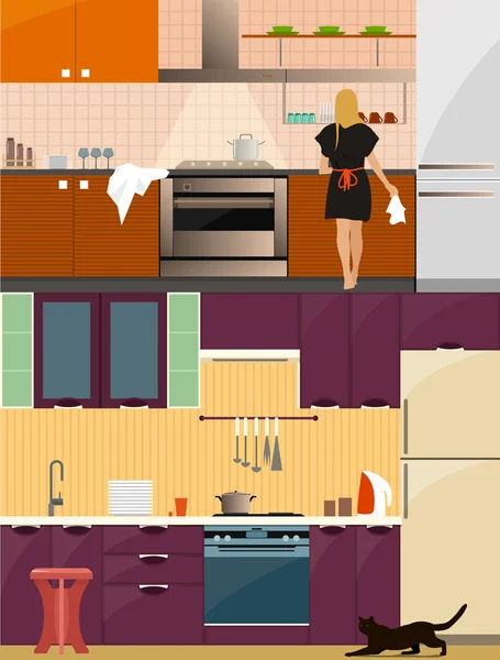 Wnętrza kuchnia z meblami w stylu płaski. Projektowanie elementów i ikony, naczynia, narzędzia. Kobieta na ilustracji wektorowych kuchnia — Wektor stockowy