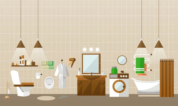 Interno del bagno con mobili. Illustrazione vettoriale in stile piatto. Elementi di design, vasca, lavatrice — Vettoriale Stock