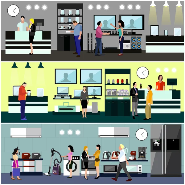 Les gens font du shopping dans un concept de centre commercial. Magasin d'électronique grand public Intérieur. Illustration vectorielle colorée — Image vectorielle