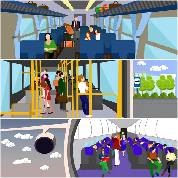 Yolcular toplu taşıma konsepti vektör afişleri ayarlayın. Otobüs, tren ve uçaktaki insanlar — Stok Vektör