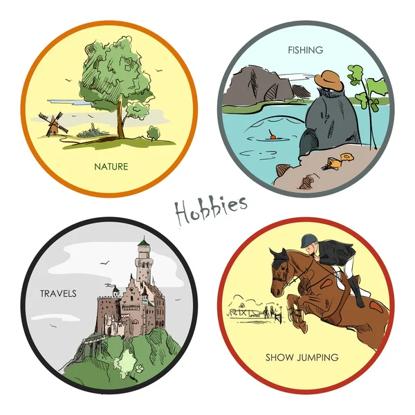 Vector set van hobby's, reizen, sport, visserij, natuur. Hand getekende stickers, labels, emblemen en illustraties — Stockvector