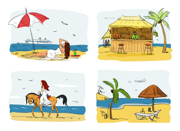 Summer holidays concept vector illustration. Woman  under umbrella next to sea. Horse riding. Bar on a beach — Stock Vector