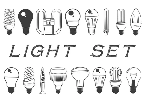 Conjunto vectorial de bombillas aisladas sobre fondo blanco. Ilustración en estilo vintage. Colección de iconos y elementos de diseño — Archivo Imágenes Vectoriales