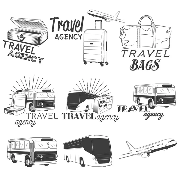 Vektorová sada cestovních a přepravních štítků ve stylu ročníku. Autobusová společnost, letadlo, tašky. Prvky návrhu, ikony. — Stockový vektor