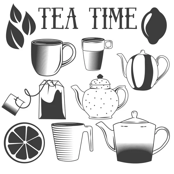 Tiempo de té ilustración vectorial dibujado a mano. Conjunto de objetos de té aislados sobre fondo blanco . — Vector de stock