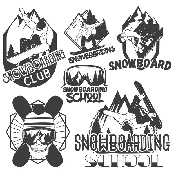 Set vectorial de etiquetas deportivas de snowboard en estilo vintage. Snowboard y aventura de montaña al aire libre concepto ilustración . — Archivo Imágenes Vectoriales