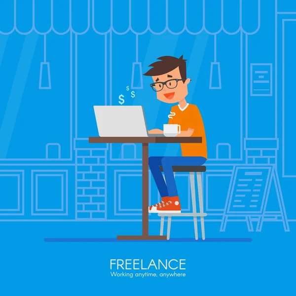 Mannelijke Freelancer werkt op afstand vanaf zijn bureau. Vector illustratie in platte stijl ontwerp. Thuiskantoor. Online winkelen — Stockvector