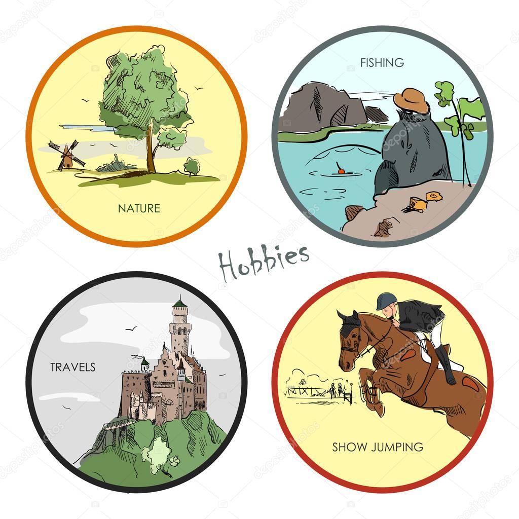 Vector set of hobbies, travel, sport, fishing, nature. Hand drawn stickers, labels, emblems and illustrations
