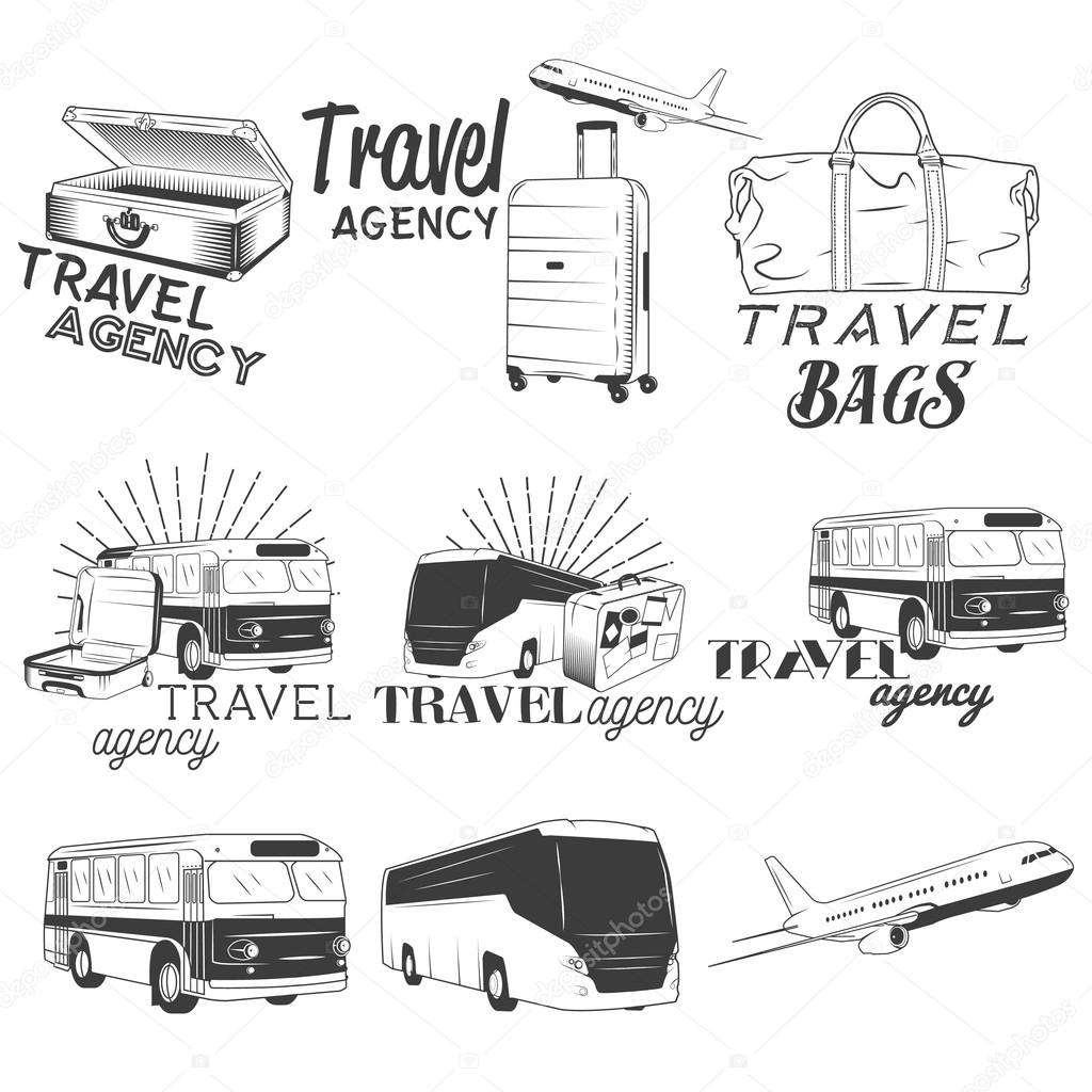 Vector set of travel and transportation labels in vintage style. Bus company, plane and travel bags illustration. Design elements, icons, logo, emblems and badges isolated on white background