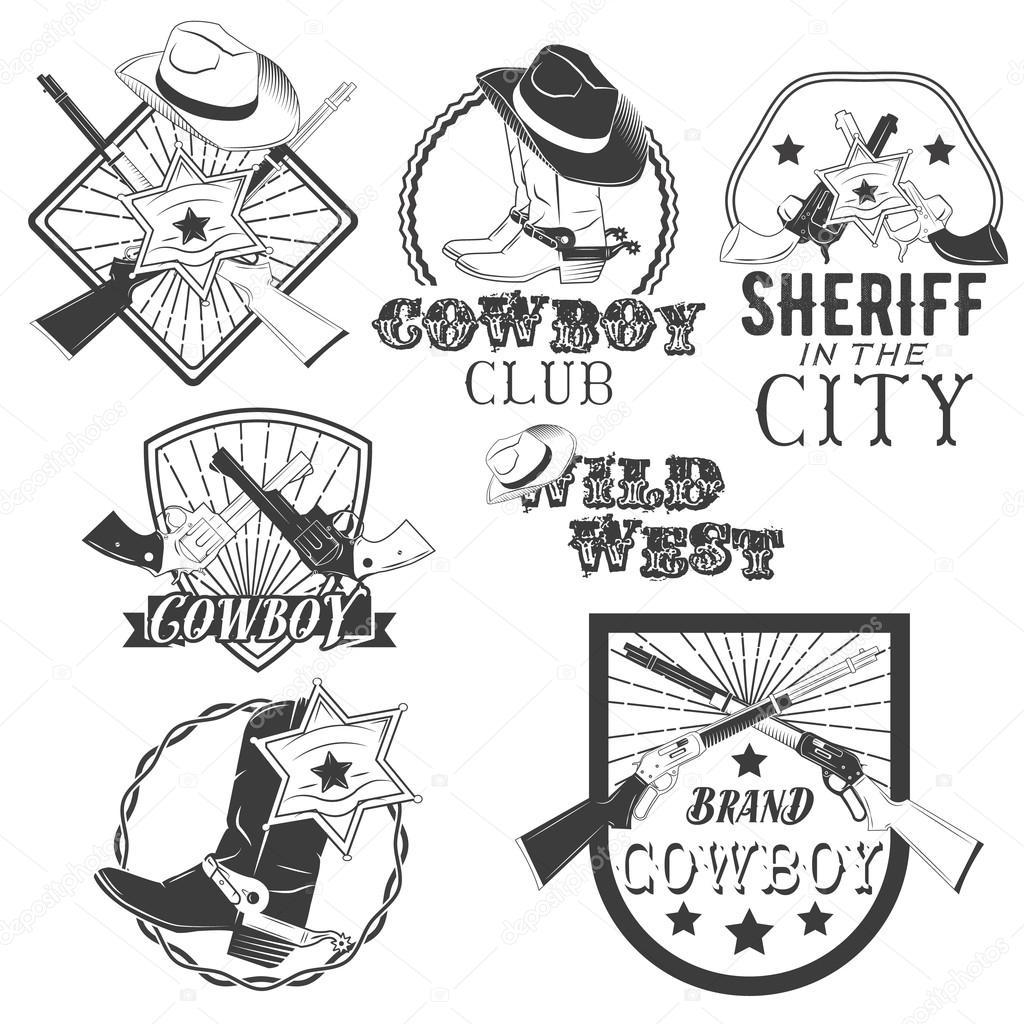 Vector set of cowboy labels in vintage style. Wild west, sheriff, american rodeo. Design elements, icons, logo, emblems and badges isolated on white background