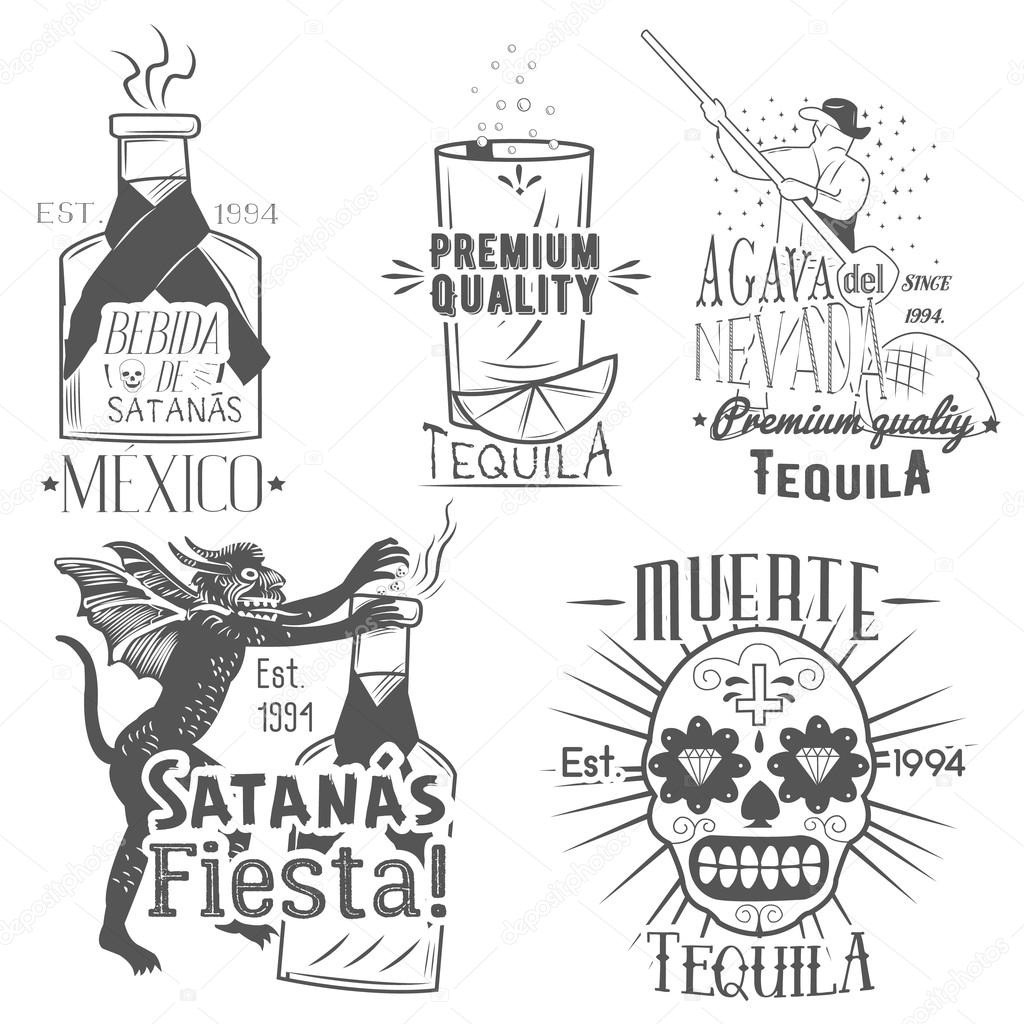 Vector set of tequila labels in vintage style. Mexican alcohol drink, berida. Hand drawn menu design elements, icons, logo, emblems and badges isolated on white background.