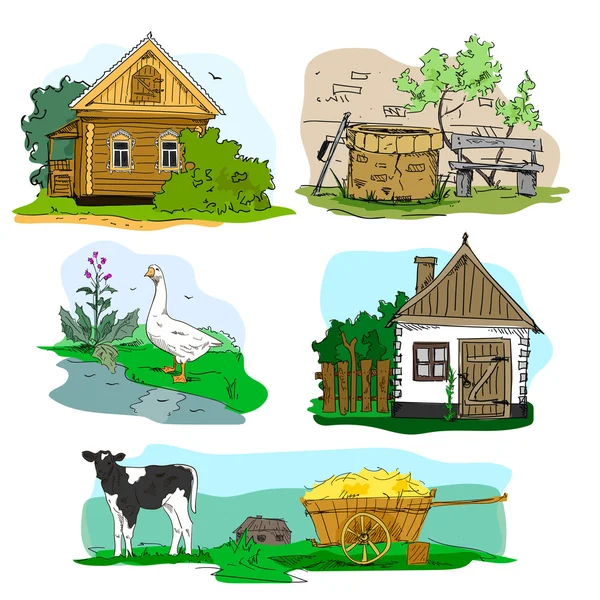 Hand getekende vector met huizen in dorp, dieren en platteland landschap. Cartoon illustratie. — Stockvector