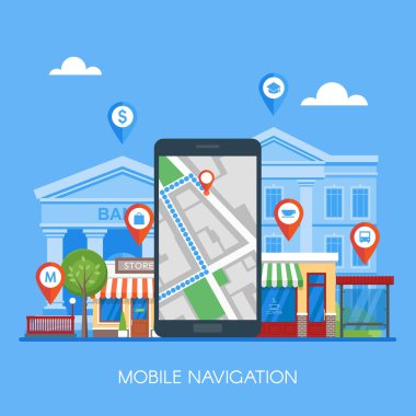 Mobil navigasyon kavramı vektör illüstrasyon. Ekran ve rota gps şehir haritası ile Smartphone.