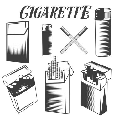 Vektör ayarlı sigara, çakmak ve sigara paketi. Beyaz arka planda izole edilmiş tek renkli tarzda sigara içen nesneler.