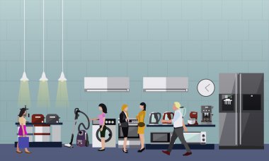 People shopping in a mall. Poster concept. Consumer electronics store Interior. Colorful vector illustration. clipart