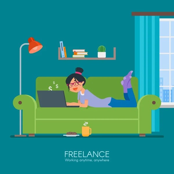 Vrouwelijke freelancer op afstand werken vanuit haar kamer. Freelance concept vector illustratie in platte stijl ontwerp. Online winkelen. — Stockvector