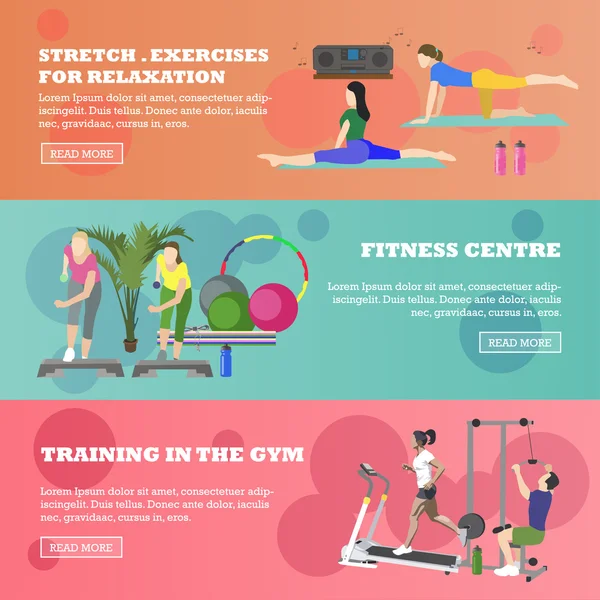 Fitness center horisontella banners set. Sportutrustning och tillbehör. Utbildning begreppet vektorillustration. Folk som kör på löpband, yoga, träna — Stock vektor