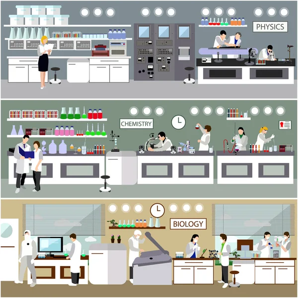 De wetenschapper werken in laboratorium vectorillustratie. Science lab interieur. Biologie, natuurkunde en scheikunde onderwijs concept. — Stockvector