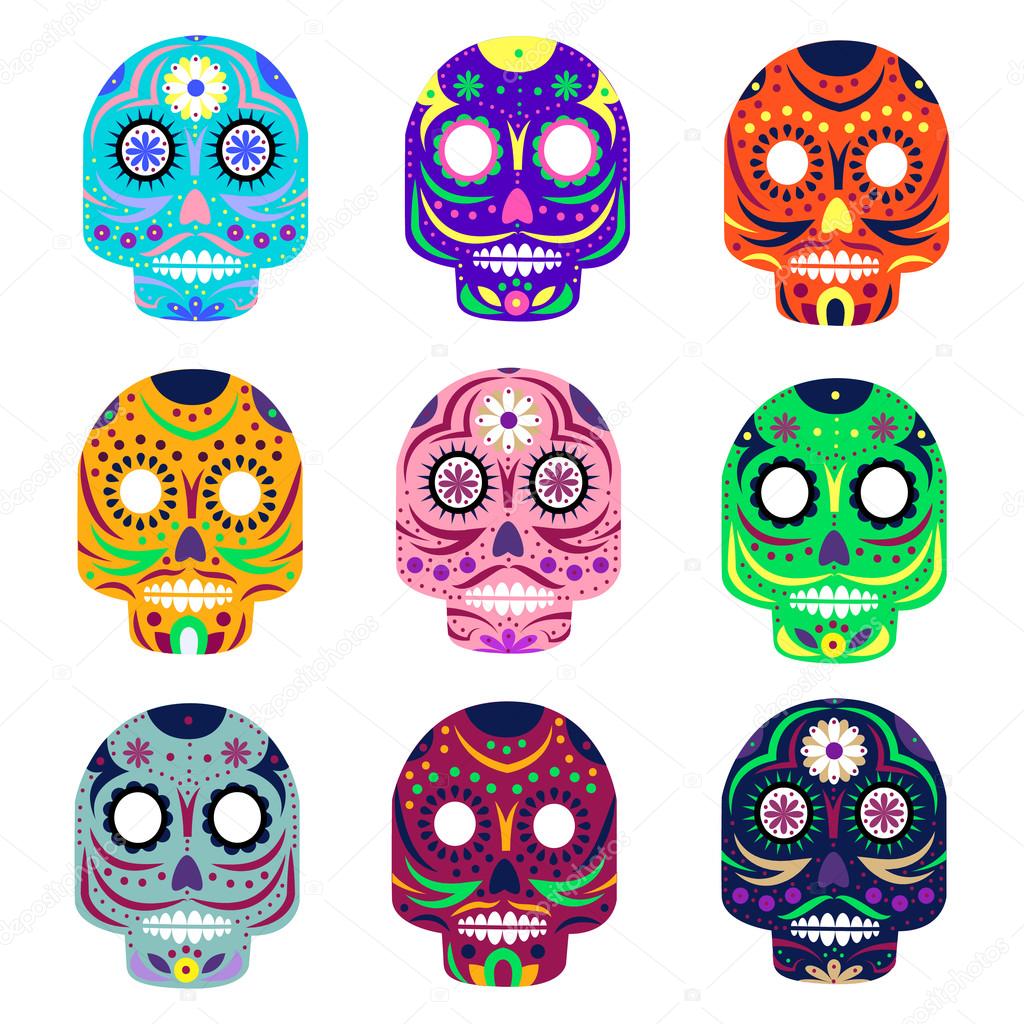 Mexican day of the dead concept vector illustration. Muerte festival. Colorful set of skulls isolated on white background.