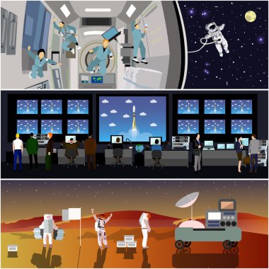 Uzay görevi kontrol merkezi. Roket fırlatma vektör illüstrasyonu. Uzay istasyonu ve uzaydaki astronotlar.