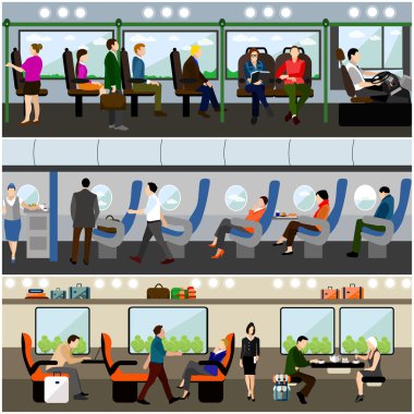 Yolcu toplu taşıma kavramı vektör afiş ayarlayın. Otobüs, tren ve uçak kişi. Taşıma iç