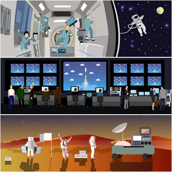 Utrymme Mission Control Center. Raketuppskjutning vektor illustration. Astronauter i rymdstation och yttre rymden. — Stock vektor