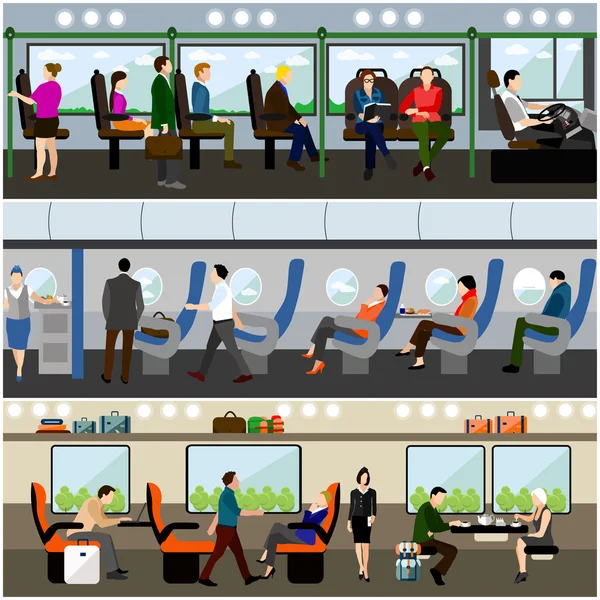 Passengers public transport concept vector banners set. People in bus, train and airplane. Transport interior — Stock Vector