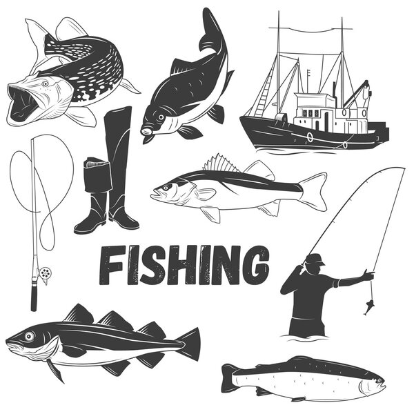 Vector set of fishing labels in vintage style. Design elements, emblems, icons, logo and badges.