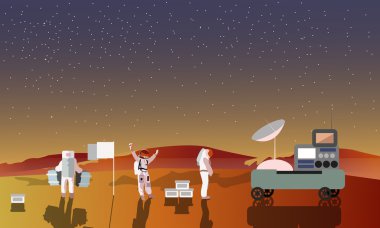 Mars kavram vektör illüstrasyon astronotlar. Kızıl Gezegen'e iniş. Uzay bilimcileri ve gezgini.