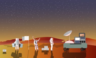 Astronauts on Mars concept vector illustration. Landing to red planet. Space scientists and rover. clipart