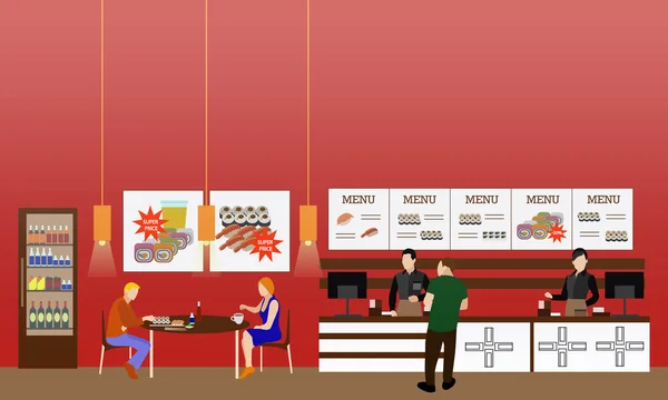 Fast Food Restaurant interieur vector illustratie. Horizontale banner in platte stijl ontwerp. Eetcafé menu — Stockvector