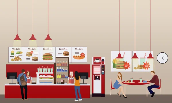 Fast food restoran iç vektör illüstrasyon. Düz stil tasarımda yatay afiş. Eatery menü