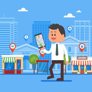 Mobil navigasyon kavramı vektör illüstrasyon. Ekran ve rota gps şehir haritası ile akıllı telefon tutan Adam.