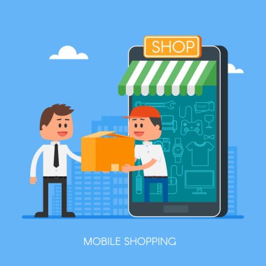 Hareket eden smartphone kullanarak internet üzerinden online alışveriş. Hızlı teslimat kavramı vektör çizim düz stil tasarım