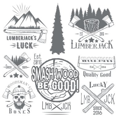 Vector set of lumberjack and woodsman vector labels in vintage style. Wood work, manufacture emblems templates. clipart