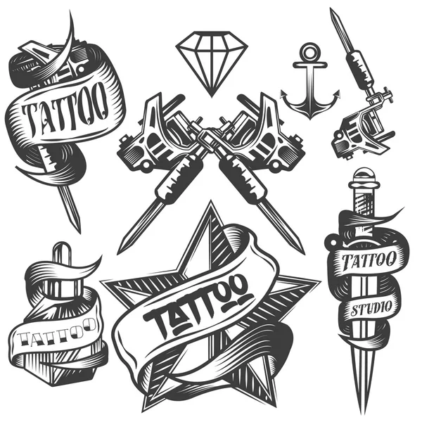 Vector set of tattoo vector labels in vintage style. Tattoo salon logos and machine isolated on white background. — Stock Vector