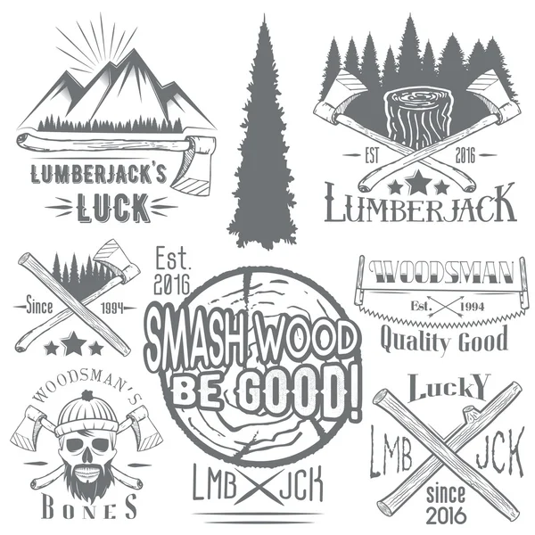 Vector set van houthakker en Woodsman vector etiketten in vintage stijl. Houtwerk, vervaardigen emblemen sjablonen. — Stockvector