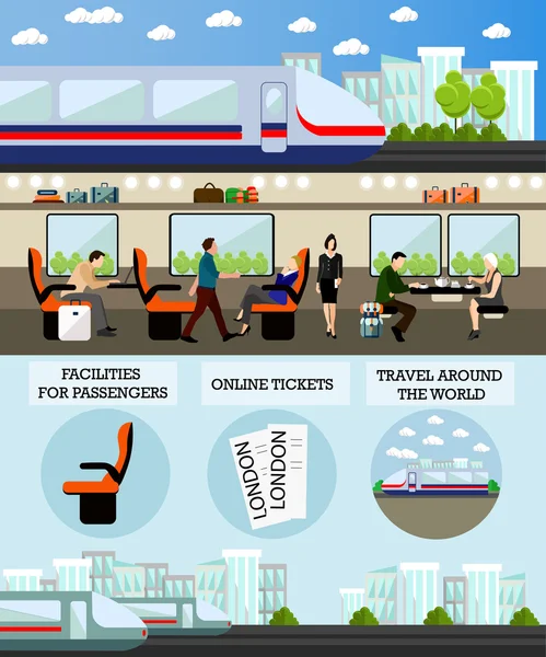 Bannière vectorielle de concept de transport public de passagers. Des gens en train. Intérieur du métro et du rail — Image vectorielle