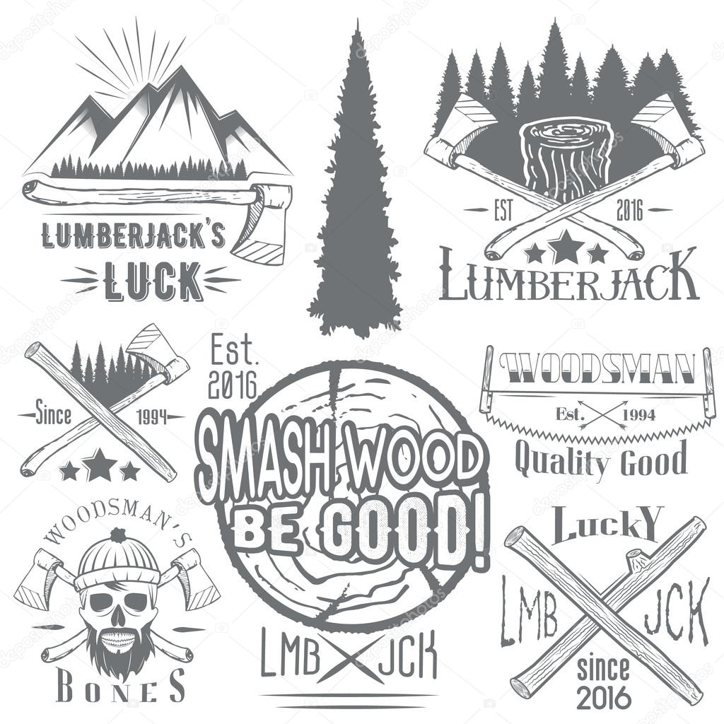 Vector set of lumberjack and woodsman vector labels in vintage style. Wood work and manufacture emblems templates. Design elements, icons, badges and stamps isolated on white background.