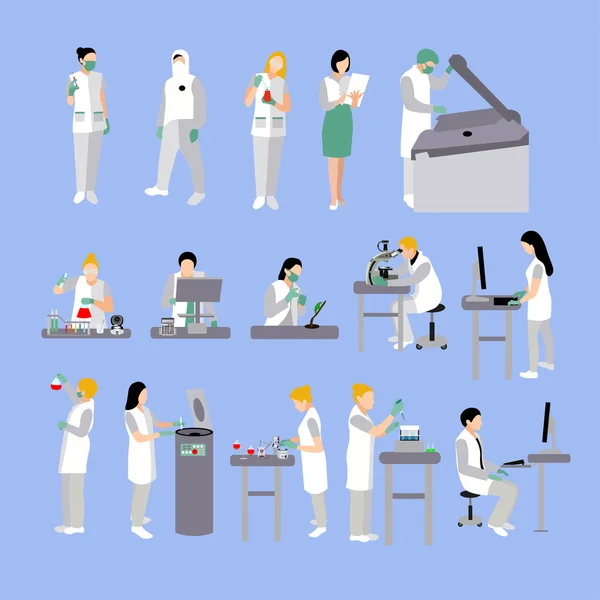 Vector set of people in medical laboratory. Doctors and scientist working, lab vector illustration. — Stock Vector