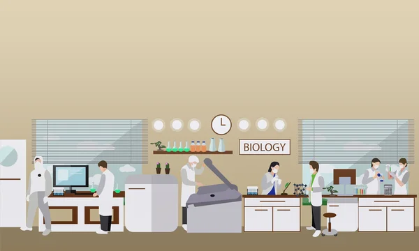 Naukowiec pracujący w laboratoryjnej ilustracji wektorowej. Wnętrze laboratorium naukowego. Koncepcja edukacji biologii. — Wektor stockowy